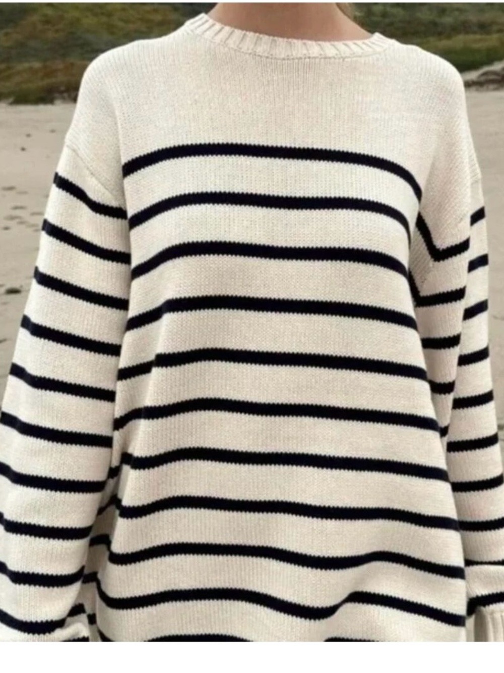 Brandy Melville Cream and Navy Striped Crew 100% Cotton Sweater